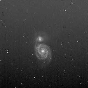 The famous Whirlpool Galaxy M51 in Ursa Major. Not as much detail as a shot I did in February from GMARS. I found by giving up on color and reducing luminance only, the photo has some real pop to it.